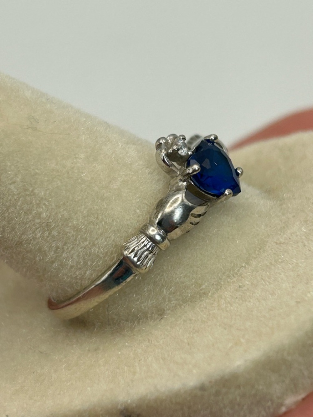 Sterling Silver Claddagh Ring Heart-Shaped Blue Stone Stamped 925 Size 10 - Picture 3 of 12